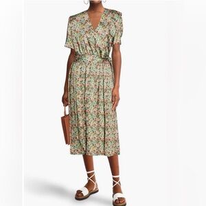 Sandro Fiona Green Pleated floral-print satin-twill midi dress